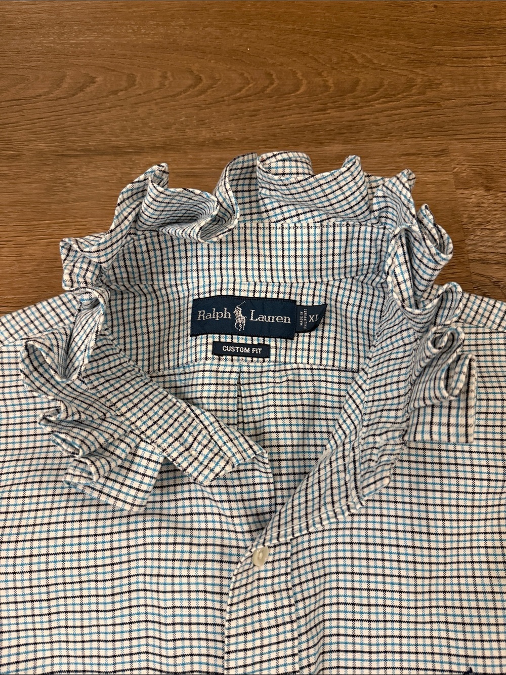 Upcycled Ralph Lauren Navy, Lt Blue & White plaid shirt Size XL - Picture 2 of 10